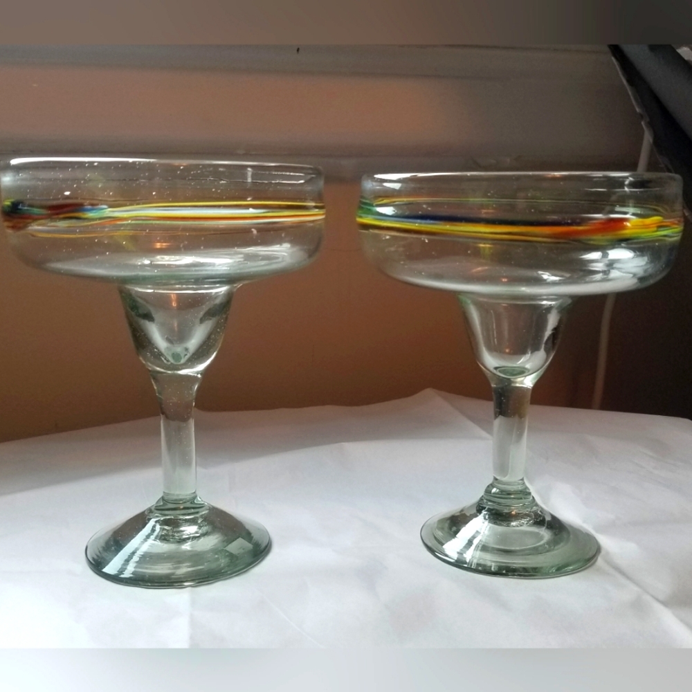 Crate & Barrel Hand-Blown Granada Swirl Art Glass Margarita Glasses Set of 2